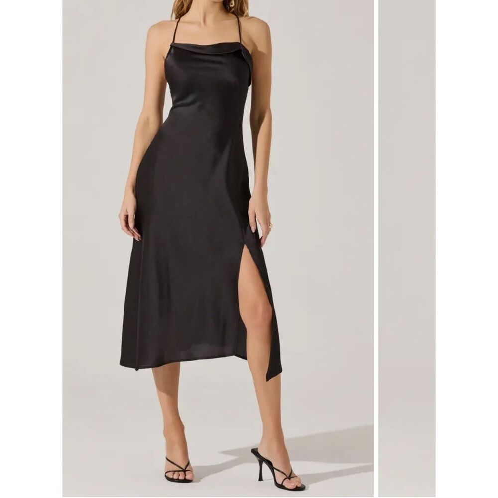 Astr Black Satin Slip Dress with Cowl Neck